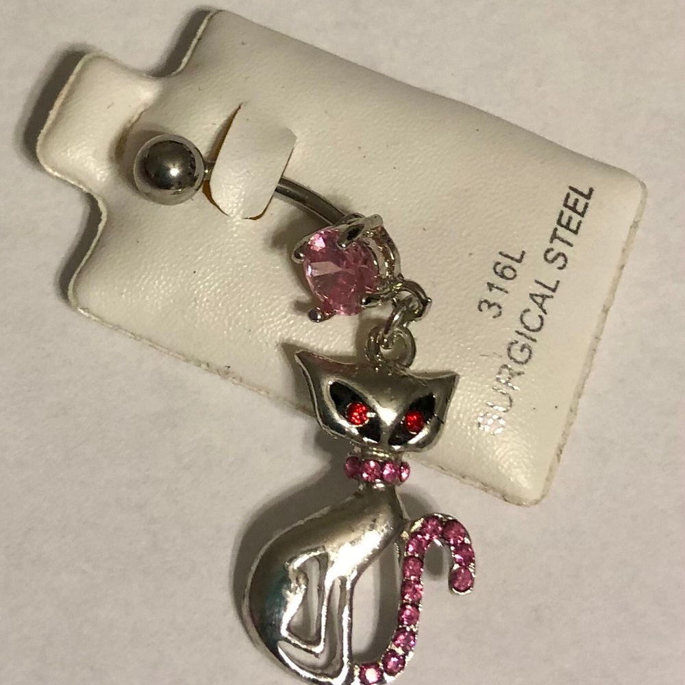 PINK CAT DANGLE BELLY BUTTON RING